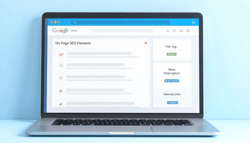 Laptop mit geöffneter Webseite, auf der wichtige SEO-Elemente wie Title-Tag, Meta-Beschreibung und H1-Überschrift hervorgehoben sind.
