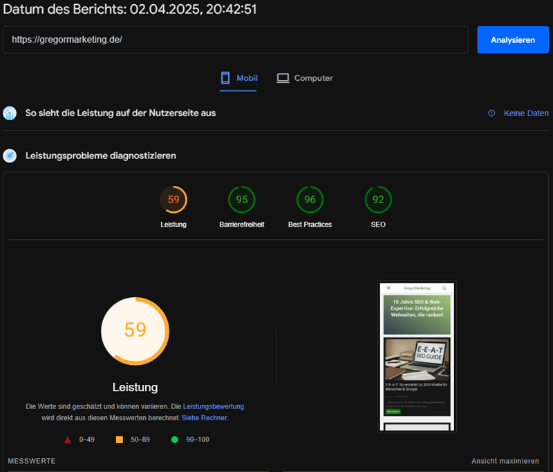 Core Web Vitals Analyse – Mobile Version
